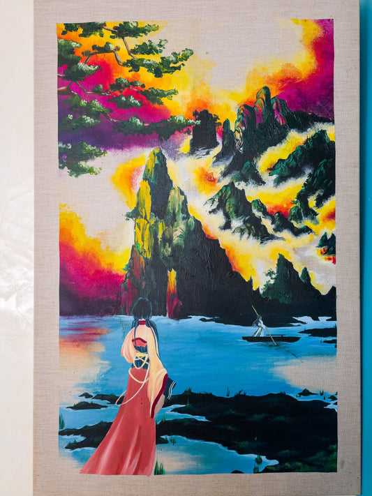 Peinture sur toile de lin représentant un paysage montagneux au coucher du soleil, inspiré des estampes chinoises. Ciel aux teintes jaune, orange et pourpre se reflétant sur les montagnes.